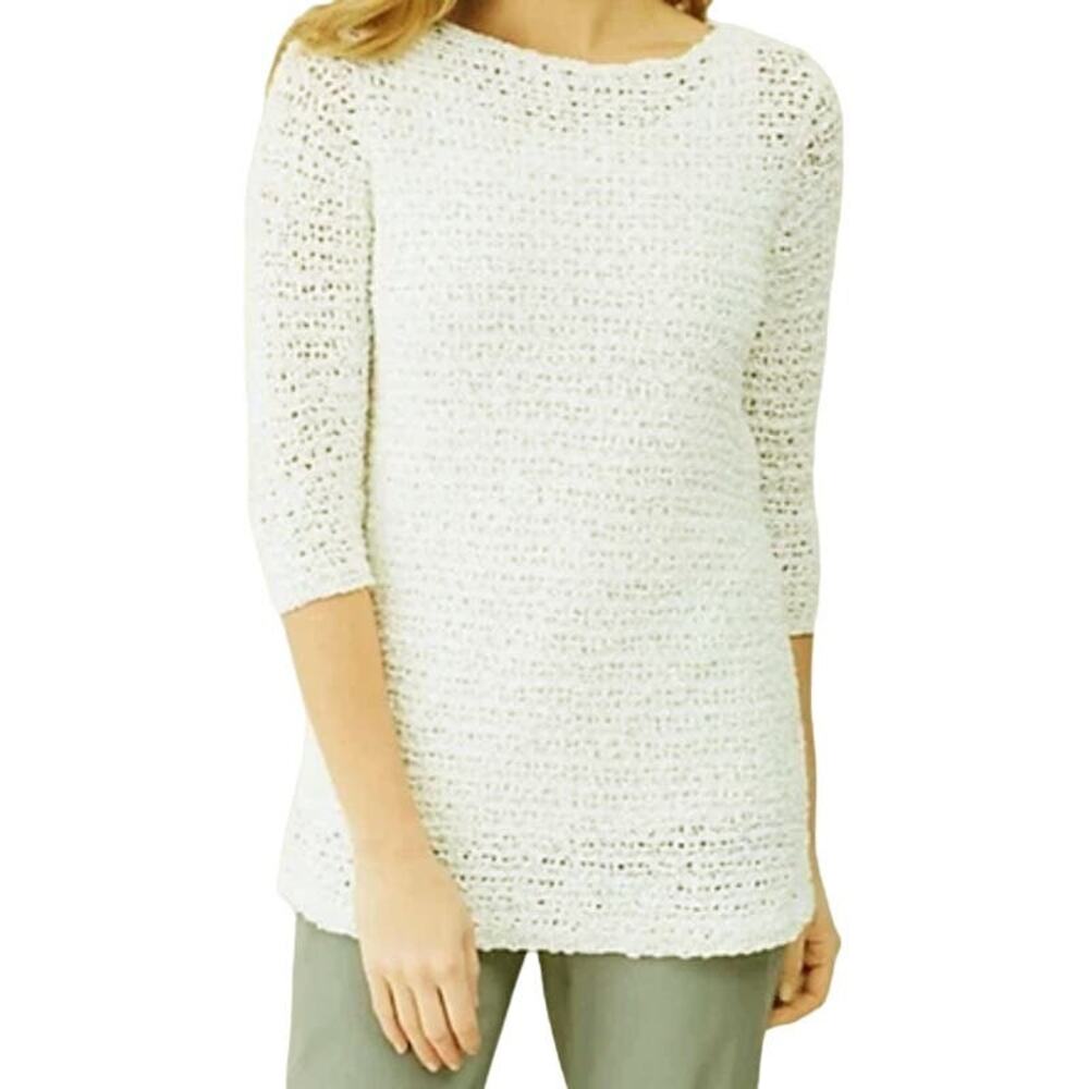 J. Jill Crochet Knit Pullover Sweater Women's M Winter White 3/4 Sleeve Boho